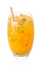 Tasty passion fruit drink in glass isolated on white