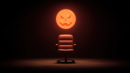 Halloween Boss Buiness Concept, Halloween boss business mood with glowing orange pumpkin head standing with dark spooky background office chair
