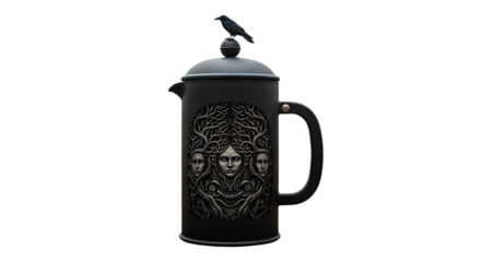 A black french press isolated on transparent background, adorned with a raven and intricate artwork, perfect for coffee lovers and those who appreciate unique and artistic kitchenware for brewing