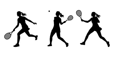 Black silhouette of female badminton player on white background