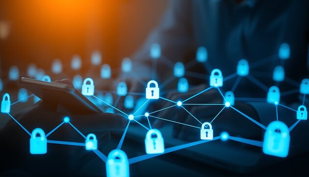 Digital network of glowing padlocks on a smartphone user's hand cybersecurity technology
