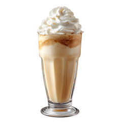 A milkshake in a tall glass with whipped cream on top, isolated on white background.