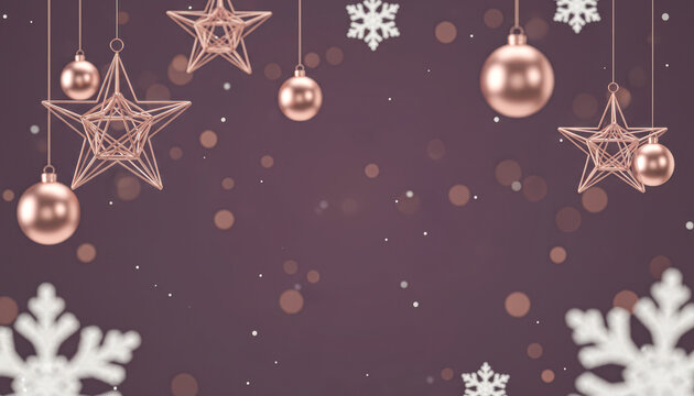 A festive arrangement of hanging ornaments and snowflakes against a purple background, creating a warm, celebratory atmosphere.