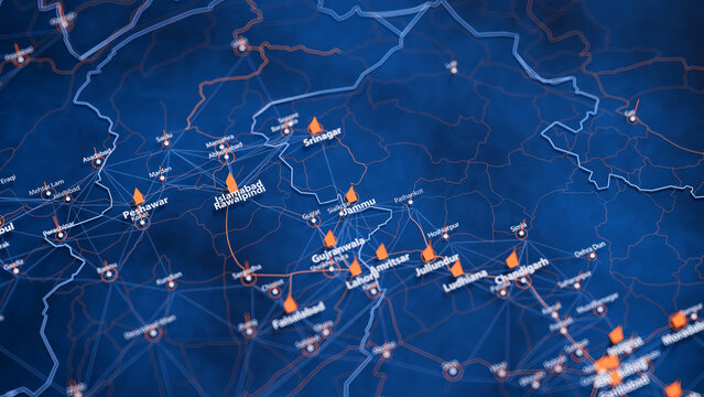Jammu map big data visualization. Futuristic map infographic of city in India. Visual map data complexity in modern blue and orange colors