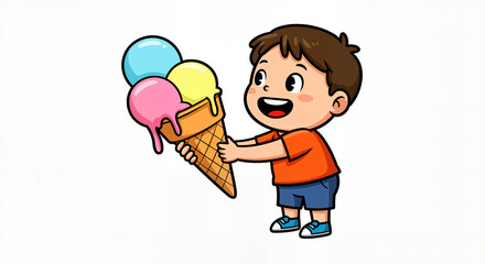 Happy Young Boy Offers a Delicious Ice Cream Cone with Three Scoops of Different Flavors on an Isolated White Background