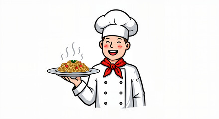 Happy Chef Presenting Delicious Hot Pasta Dish on a Plate Isolated on White Background Cartoon Illustration