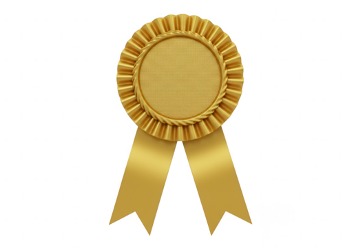 A detailed golden rosette award ribbon with two flowing streamers isolated on transparent background