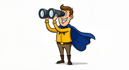 Happy Cartoon Man With Cape And Binoculars Looking Into The Distance