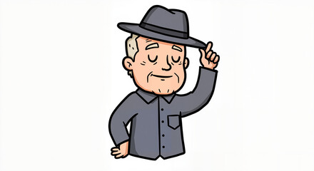 A Gentleman in a Fedora Hat Tips His Headwear with a Smile Isolated on a White Background in a Cartoon Illustration Style
