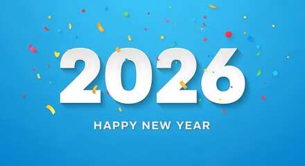 Happy new year 2026 with confetti on blue background