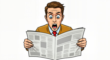 Shocked Businessman Reading Newspaper With Wide Eyes And Open Mouth Cartoon Illustration Isolated Background