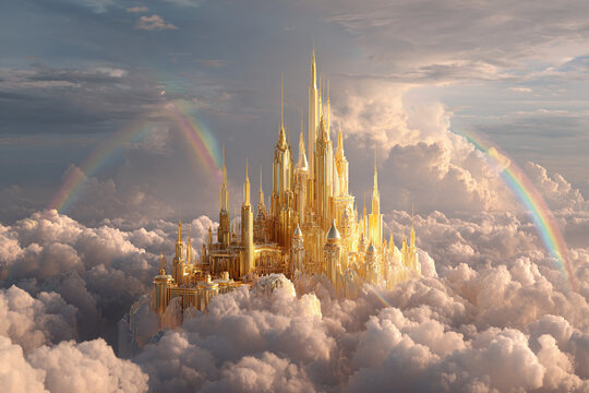floating crystal palace glowing butter yellow above clouds with rainbow bridge surreal dreamy fantasy scene - Powered by Adobe