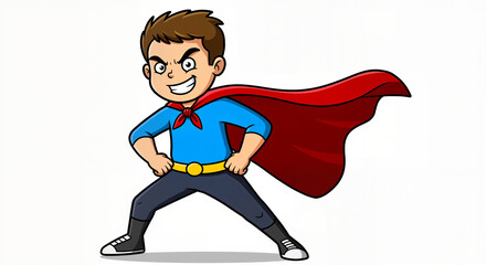 A Young Superhero Standing Proudly With His Cape Flowing in the Wind and a Determined Expression on His Face