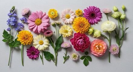 Assorted colorful flowers arranged on a light surface