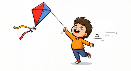 A Cheerful Young Boy Joyfully Flying a Colorful Kite on a Bright Sunny Day With a Plain White Background