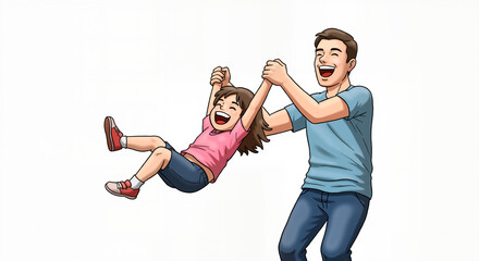 Joyful Father and Daughter Having Fun Swinging Her Around in a Park with Isolated Background Cartoon Illustration