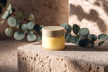 minimal butter yellow face cream jar on stone with eucalyptus branch and soft natural light skincare lifestyle scene