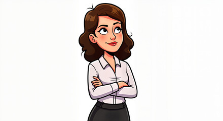 A Thoughtful Cartoon Businesswoman with Folded Arms and a Confident Expression on an Isolated White Background