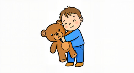 A happy young boy embraces his beloved teddy bear with pure joy and affection on a clean white isolated background