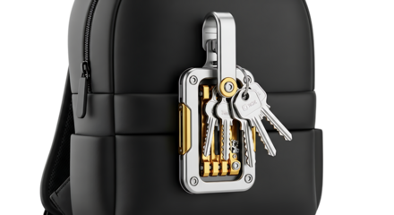 Closeup of a sleek black backpack with a modern key organizer attached, showcasing a stylish and practical everyday carry solution isolated on transparent background the key organizer features a combi