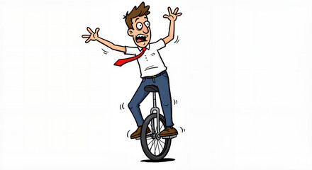 Terrified Businessman Wobbles Dangerously on a Unicycle in a Hilarious Cartoon Illustration of a Risky Venture