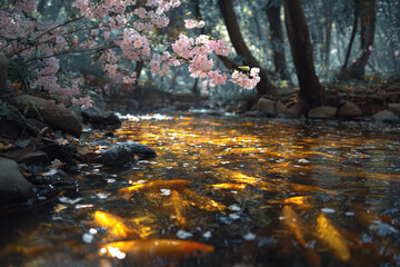 glowing butter yellow river in enchanted forest with blossoms falling and golden fish shimmering spring fantasy scene