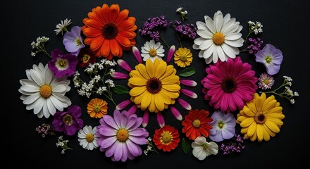 Arrangement of colorful flowers on a dark surface view