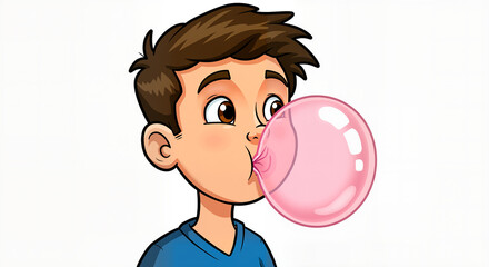 A young boy with brown hair wearing a blue shirt blows a large pink bubblegum bubble on an isolated white background in a charming cartoon illustration style