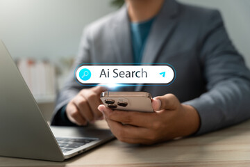 AI search technology, Businessman using AI search on smartphone with smart input interface, symbolizing artificial intelligence technology, data discovery, voice command, and online innovation.