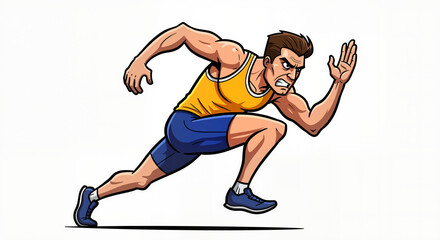 Dynamic Cartoon Illustration of an Athletic Runner Sprinting with Intense Focus on an Isolated White Background