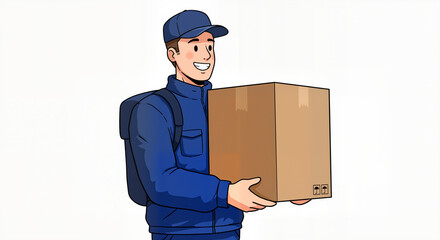 A Smiling Delivery Man Wearing A Blue Uniform And Cap Carrying A Cardboard Box On A White Isolated Background With A Blue Backpack