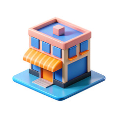 Charming 3d isometric building with orange awning and blue facade suitable for commercial use transparent background