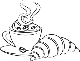 Vector art of line art drawing of a steaming cup of coffee with whipped cream and coffee beans next to a croissant
