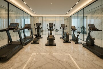 Luxury gym interior with marble tile flooring, glass partitions, and modern cardio machines arranged in symmetry.