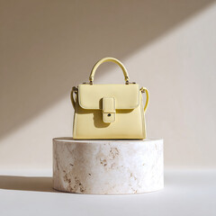 modern product shot of butter yellow handbag on marble pedestal in soft minimalist studio light