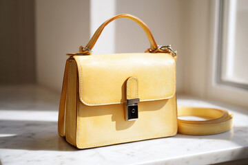 modern product shot of butter yellow handbag on marble pedestal in soft minimalist studio light