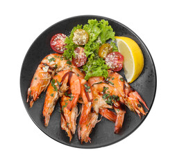 Tasty grilled shrimps with salad and lemon isolated on white, top view. Delicious seafood dish
