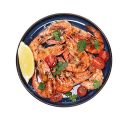Tasty grilled shrimps with cherry tomatoes, parsley, lemon and salt isolated on white, top view. Delicious seafood dish