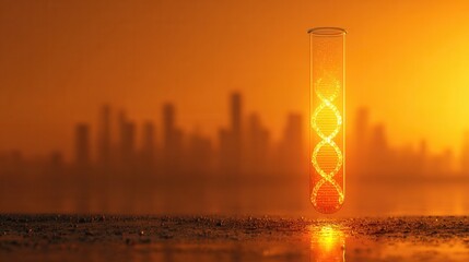 Laboratory glass test tube under strong light with dna helix reflection representing science research in hot climate study