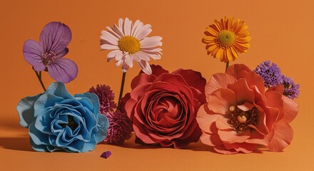 Arrangement of colorful flowers against orange backdrop