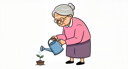 Elderly Woman Tenderly Watering a Small Plant in a Potted Garden Illustration Isolated on White Background