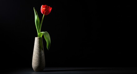 A single red tulip in a vase against a black background