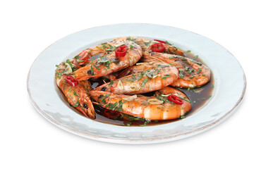 Tasty grilled shrimps with spices and sauce isolated on white. Delicious seafood dish