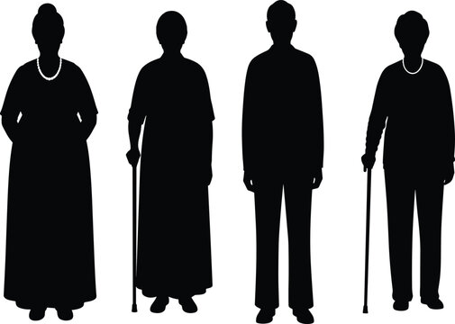 Elderly people silhouette illustration, senior citizens standing with cane, old man and woman figures, aging society concept, retirement lifestyle design