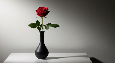 A red rose in a black vase on a white surface table