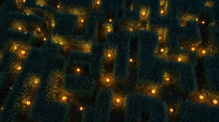 Aerial view of a green maze with glowing lights illuminating the pathways at night time scenery