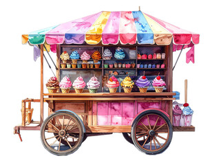 Ice cream street cart with colorful frozen treats isolated on white background