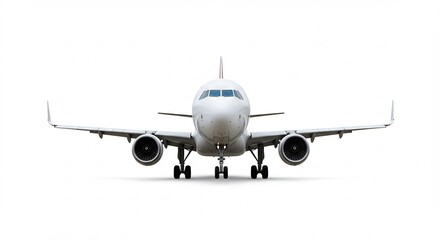 Obraz premium 白い背景 鮮やか旅客機 正面図 滑走路に向かう準備万端. AI Generated