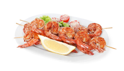Skewers with tasty grilled shrimps, salad and lemon slice isolated on white. Delicious seafood dish