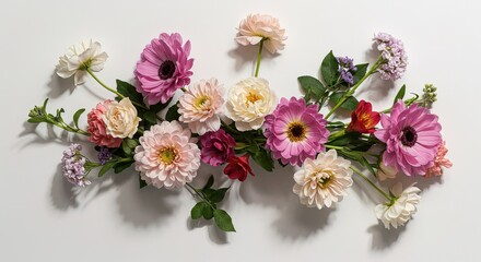 Arrangement of pink and white flowers on white surface
